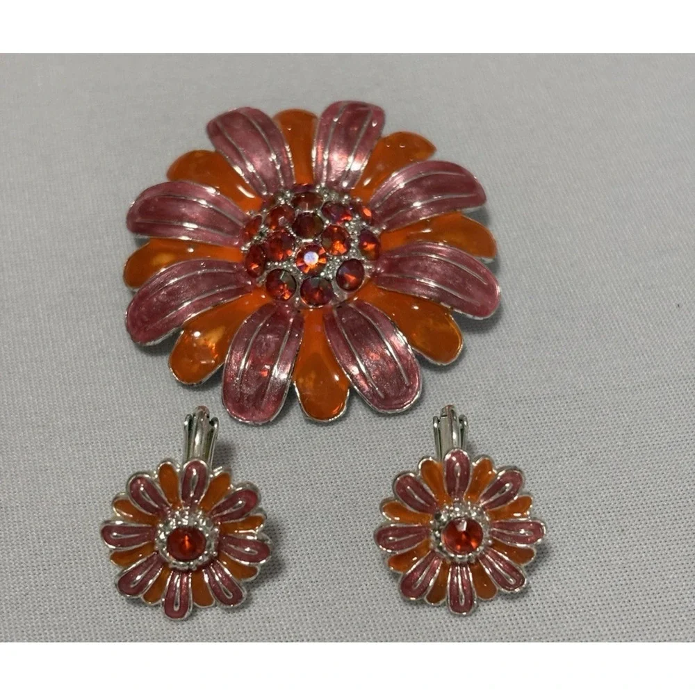 Vintage Orange Pink Rhinestone Flower Pin‎ Clip On Earring Set Colorful Spring